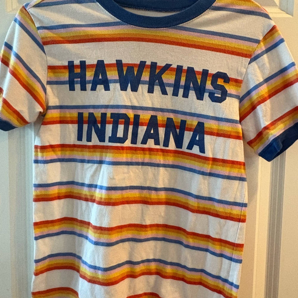 Netflix The Stranger ThingHawkins Indiana Striped Tee-size XS adult